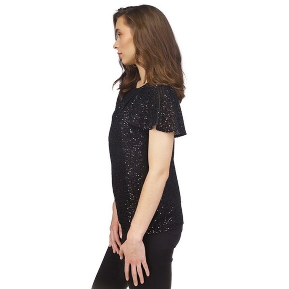 Michael Kors Women's Sequin Flutter-Sleeve Cocktail Holidays Blouse Top Petite M - Picture 2 of 10
